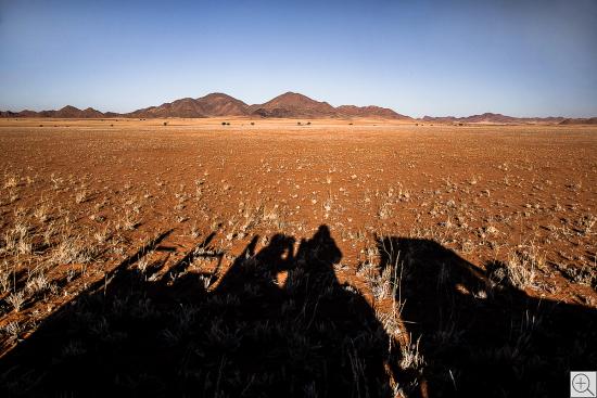 Namib-Wüste im Abendlicht mit Schatten des Safari-Jeeps